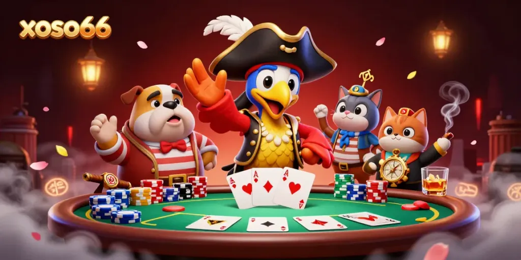 Experience the vibrant world of xoso66 with a lively poker scene featuring dynamic characters and rich details.