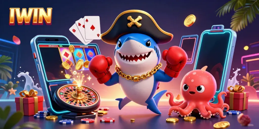 Experience thrilling gaming with IWIN, featuring unique characters and vibrant casino elements.