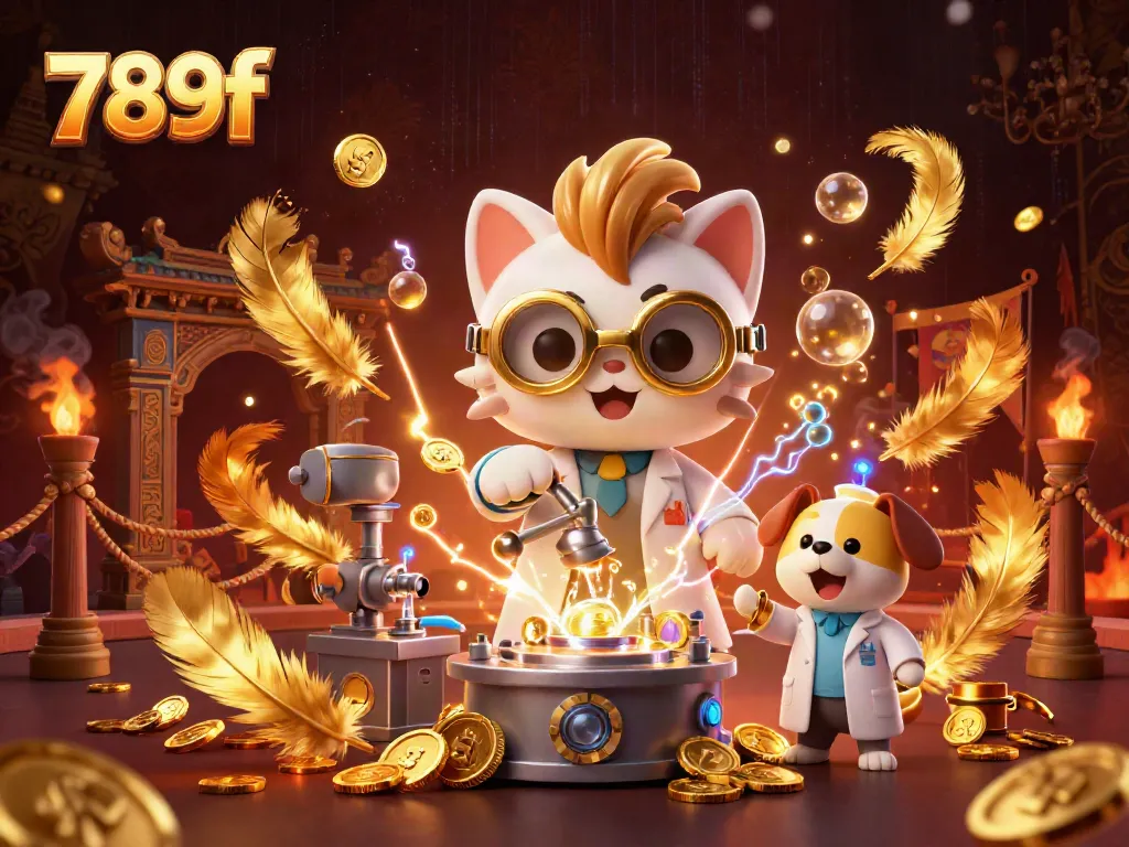 Engage with 789f's vibrant gambling scene featuring a mad scientist cat and golden token explosions.