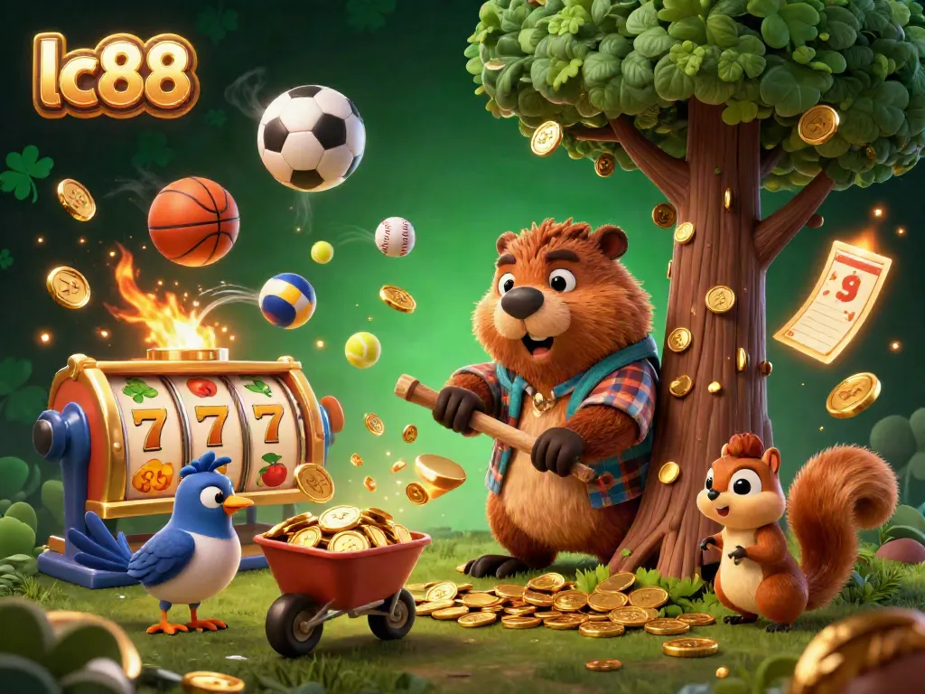 Experience exciting wins with lc88 in a vibrant 3D casino scene featuring gold coins and luck.
