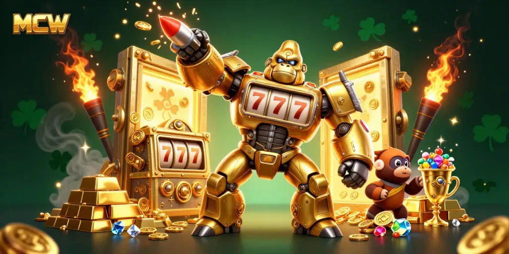 Experience winning at MCW with a montage of vibrant gaming elements and a golden mech.