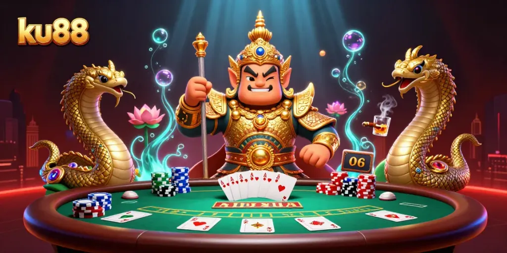 Experience thrilling poker at ku88 with dynamic characters and a vibrant casino atmosphere.