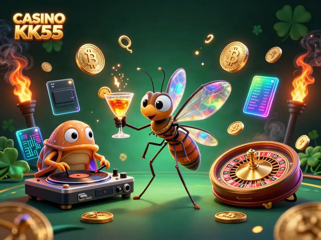 Engage with CASINO KK55 through a lively scene featuring a frozen-in-amber mosquito mascot, trilobite DJ, and golden roulette wheel.