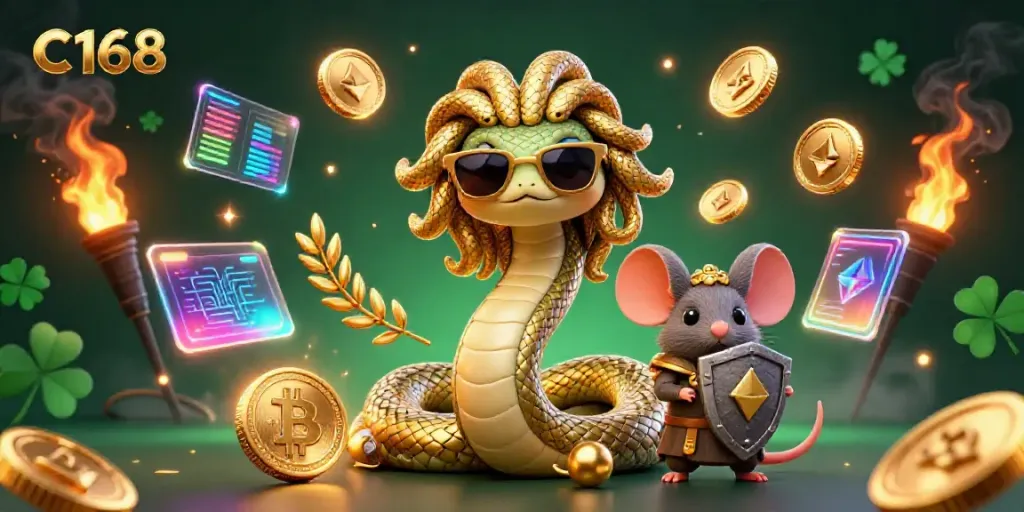 Engage in C168 with a lively 3D casino scene featuring Medusa and a warrior mouse amidst crypto coins and game elements.