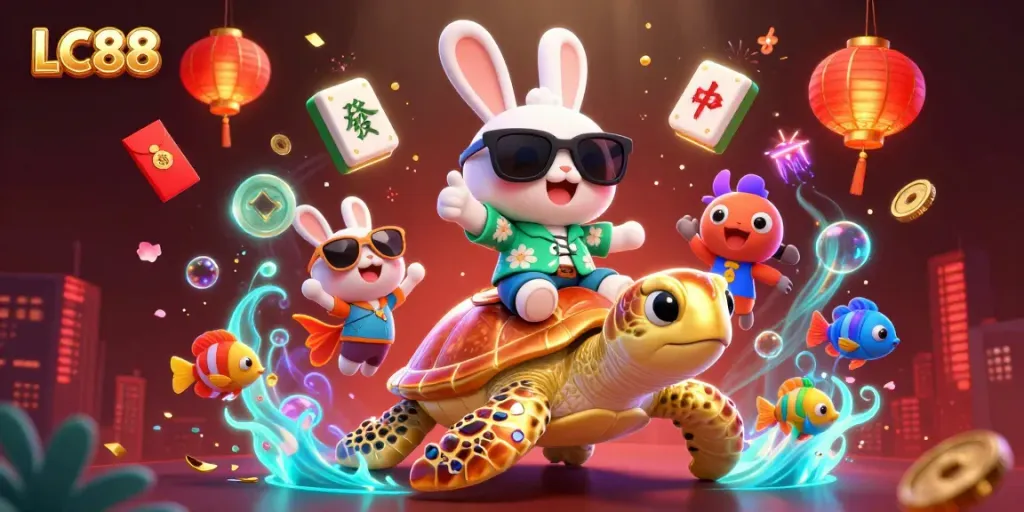 Play and win at LC88 with a lucky rabbit, golden turtle, and casino-themed decorations.