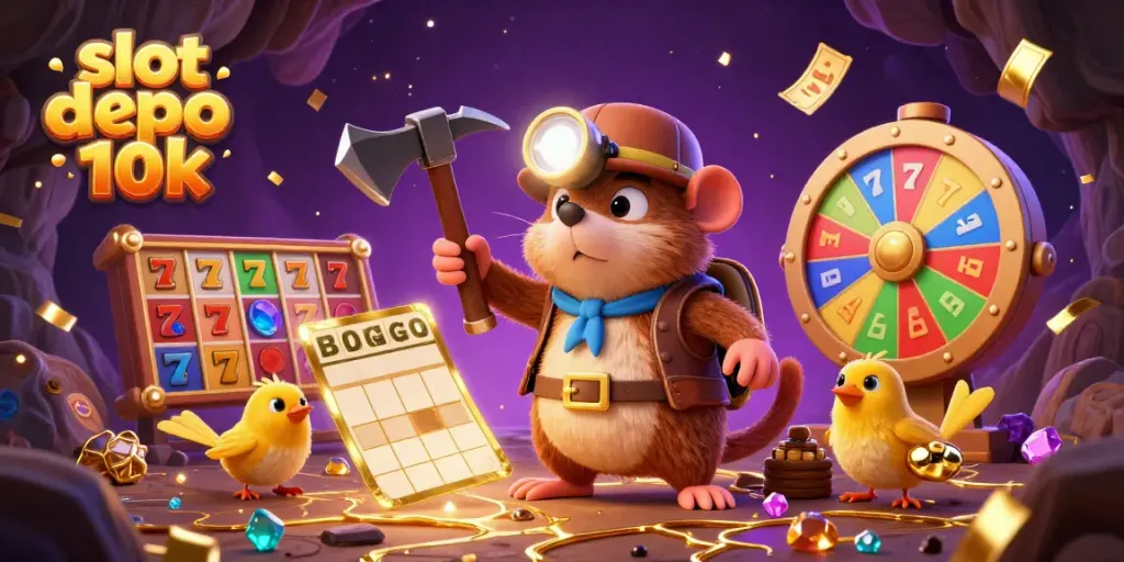 Experience thrilling gameplay in slot depo 10k with a treasure hunter mole and vibrant slot game elements.