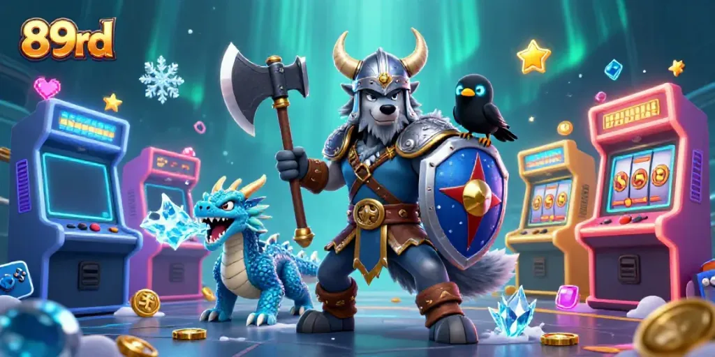 Engage in vibrant 89bd casino-themed action featuring a Viking wolf warrior, dragon, and colorful arcade elements.