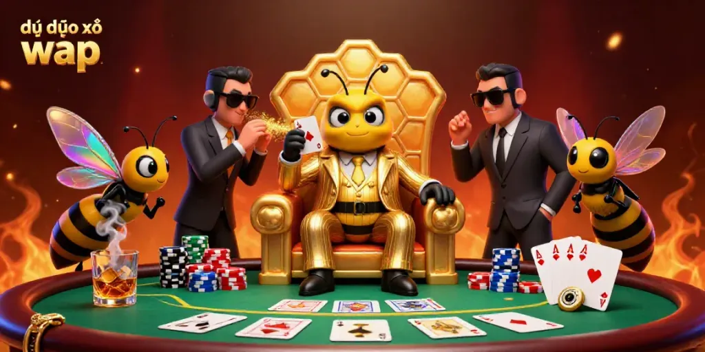 Visualize the exciting world of dự đoán xổ số wap with a 3D mob boss cartoon surrounded by poker elements.