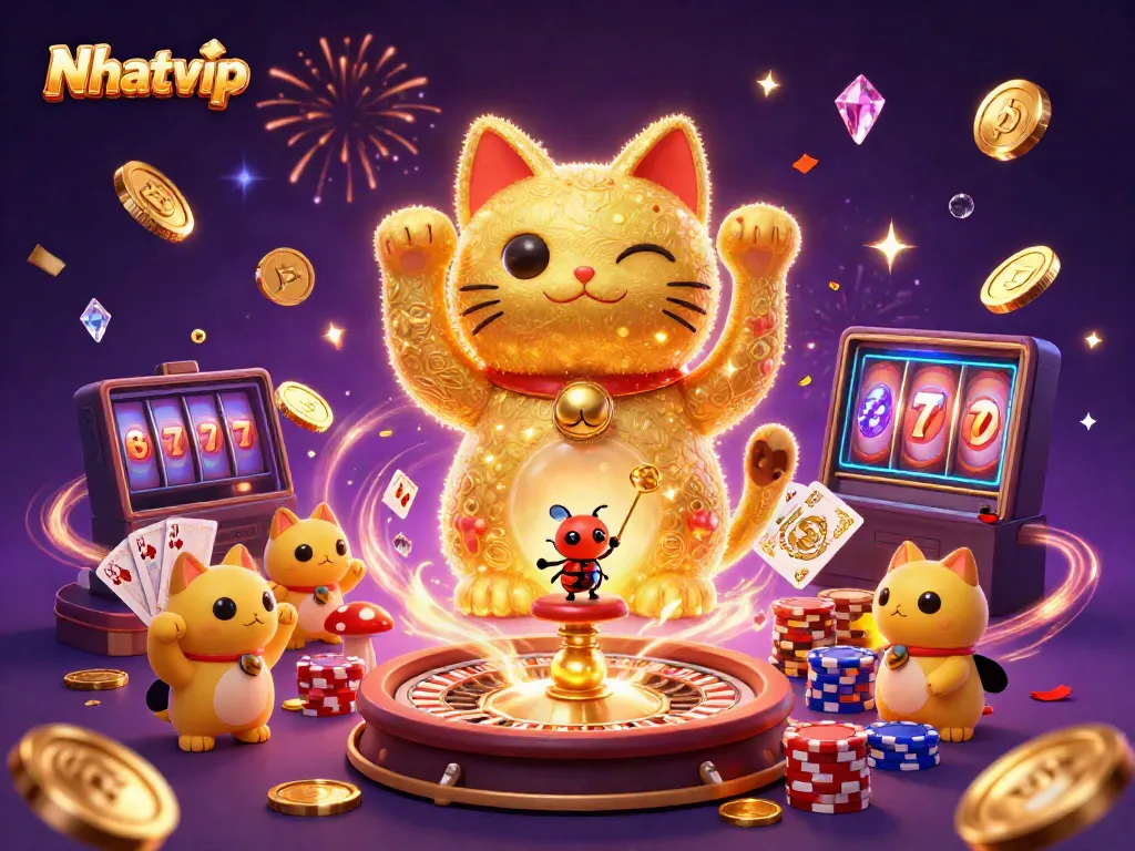 Nhatvip promotes thrilling gameplay with animated lucky cat and casino symbols surrounded by coins and cards.