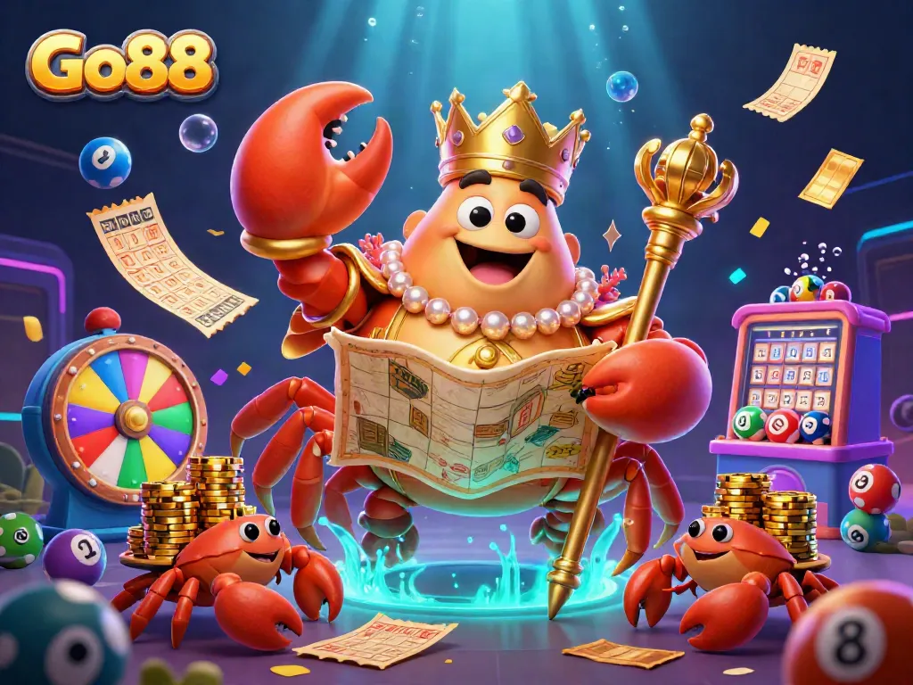 Experience the vibrant excitement of Go88’s gaming world with a golden crab and colorful casino elements.