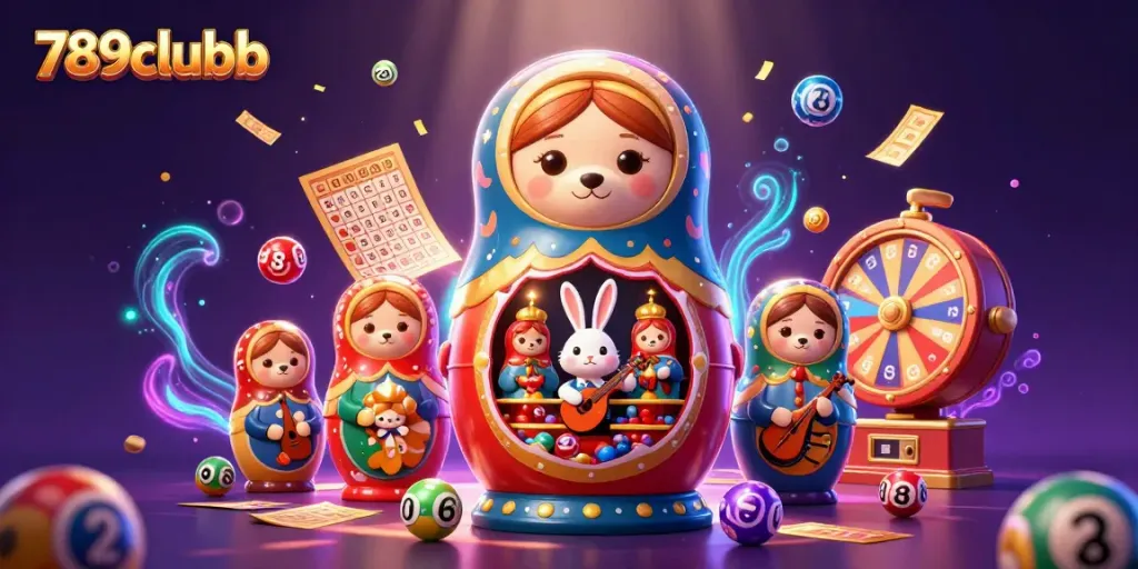 Engage with the vibrant 789clubb scene where a Russian nesting doll bear and casino elements come alive in a colorful explosion.
