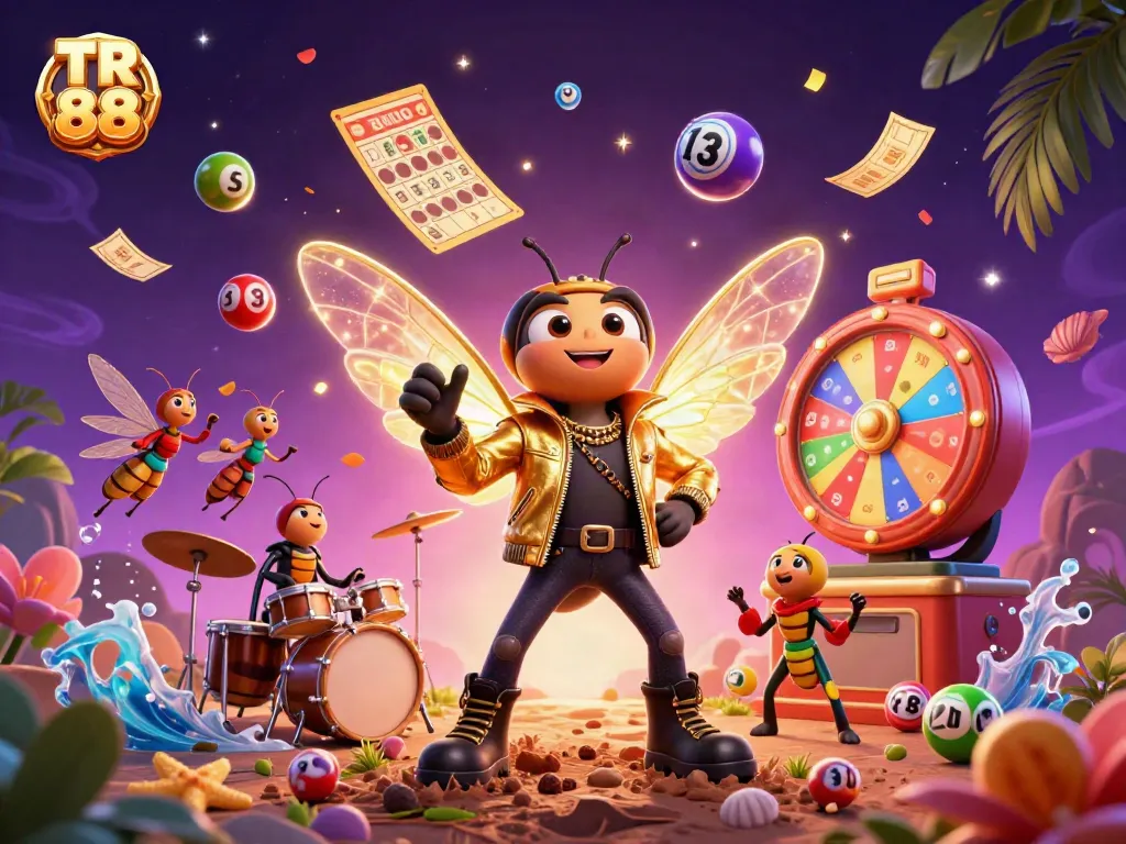 Experience the thrill with TR 88, where a dazzling rock star cicada leads the excitement of vibrant lottery games and dynamic casino elements.
