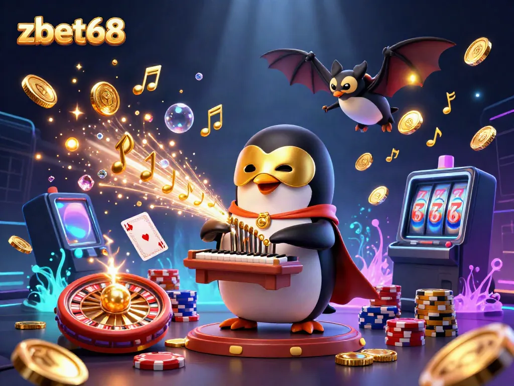 Experience the thrill of zbet68 with a lively scene showcasing a cartoon penguin and casino elements.