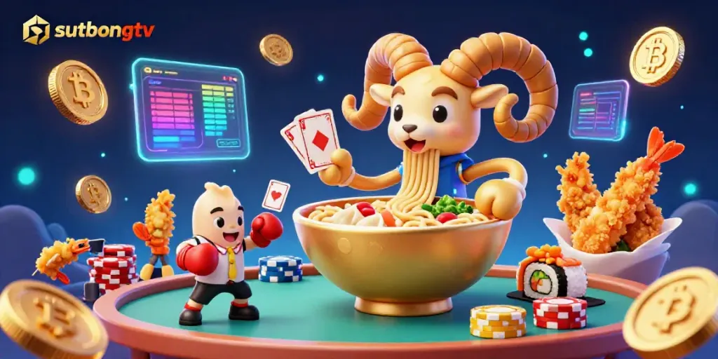 Engage in exciting online gaming at sutbongtv with a vibrant scene of a golden ramen bowl and colorful characters.
