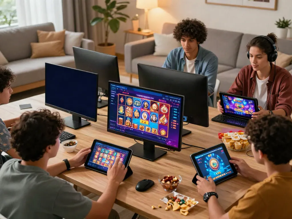 Players enjoying a slot qris game on various devices in a cozy living room.