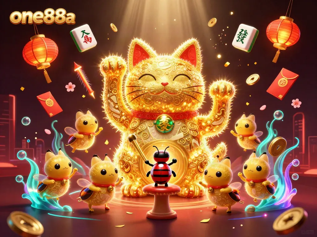 Experience the thrill of one88a with a vibrant lucky cat and dynamic casino symbols in an engaging 3D scene.