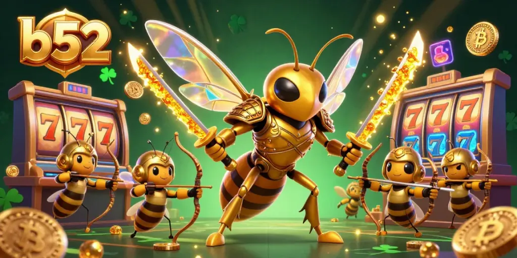 Spin the slots with b52 in a vibrant casino scene with golden hornet warriors and crypto elements.
