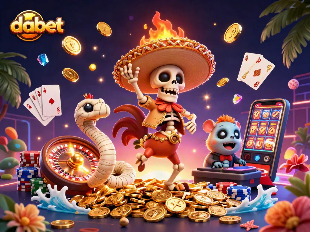 Dabet showcases a vibrant victory scene with skeleton mariachi and golden casino elements.