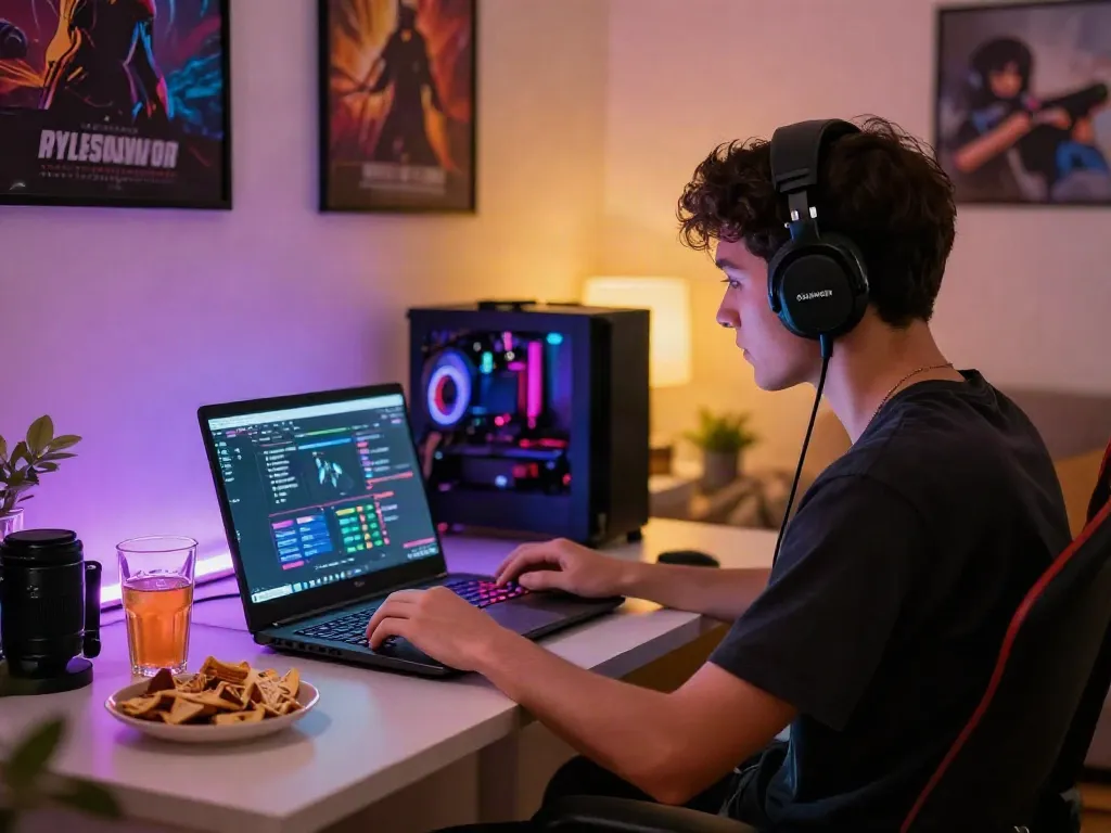 Engaged player exploring Sunwin gaming platform in cozy environment.
