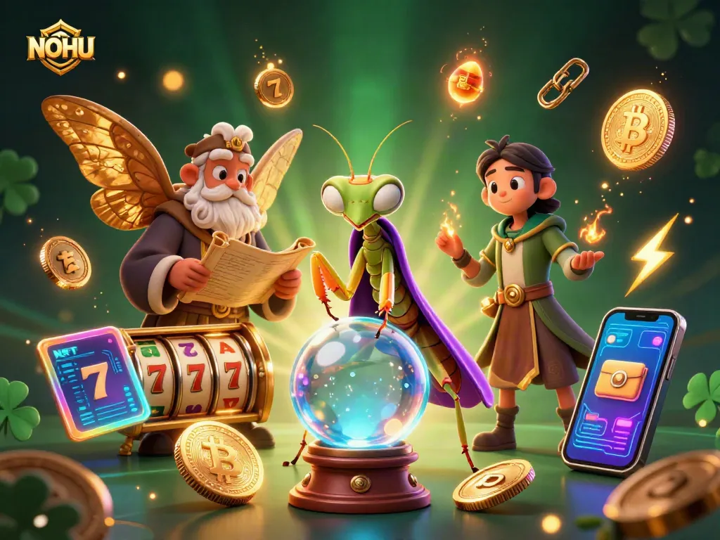 Engage in the excitement of NOHU with a mystical 3D illustration featuring fortune tellers, slot reels, and NFT elements.