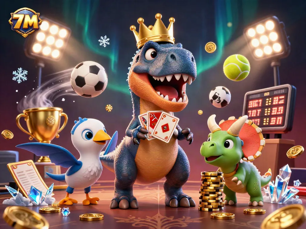 Experience thrilling sports betting with 7M, featuring cartoon dinosaurs and dynamic game elements.