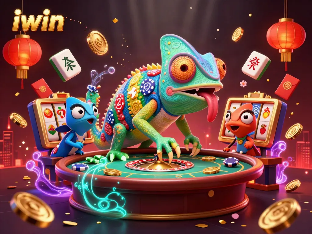 Experience the thrilling world of iwin as a colorful chameleon character captures coins amid vibrant casino elements.