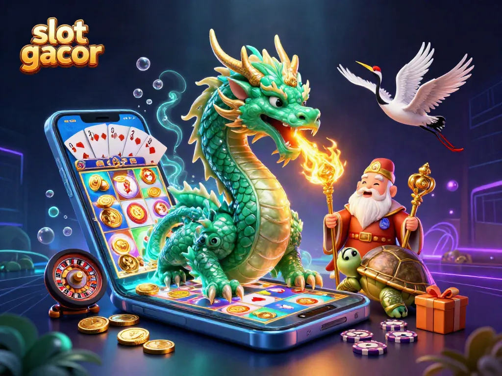 Experience winning with slot gacor in a vibrant 3D casino scene featuring dragons and treasures.
