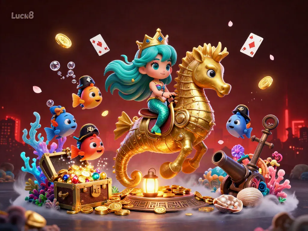 Experience thrilling gaming adventures with Luck8, featuring colorful mermaids, treasures, and casino elements.