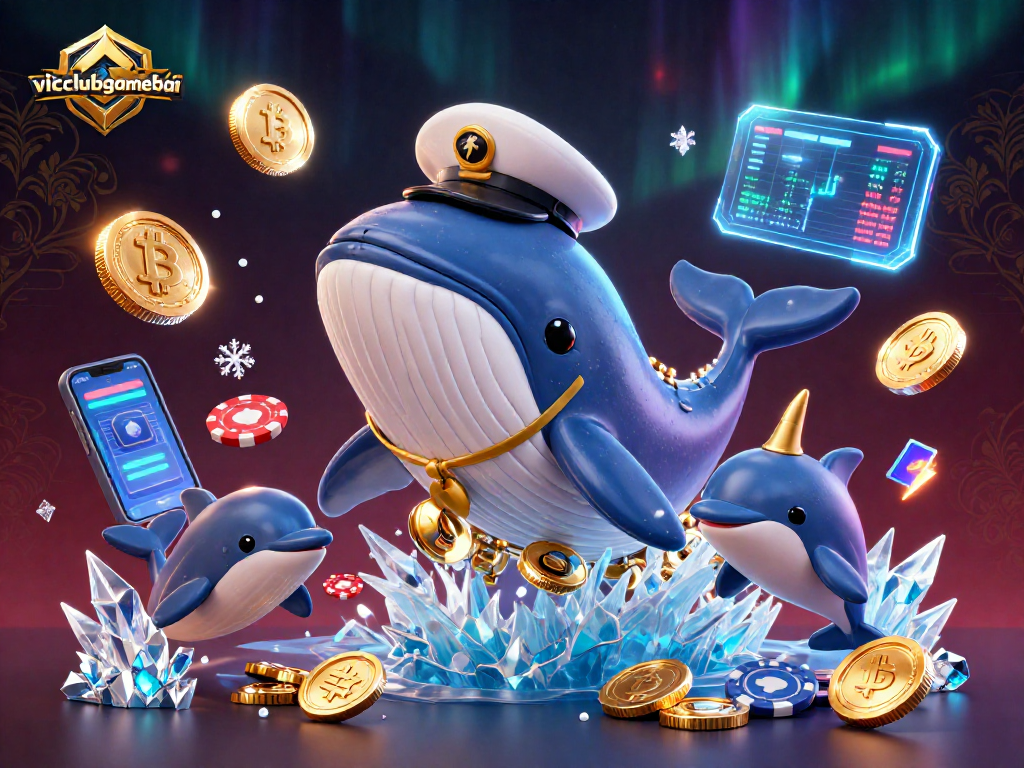Win big at vicclubgamebai with vibrant dolphins, a captain whale, and crypto-themed elements