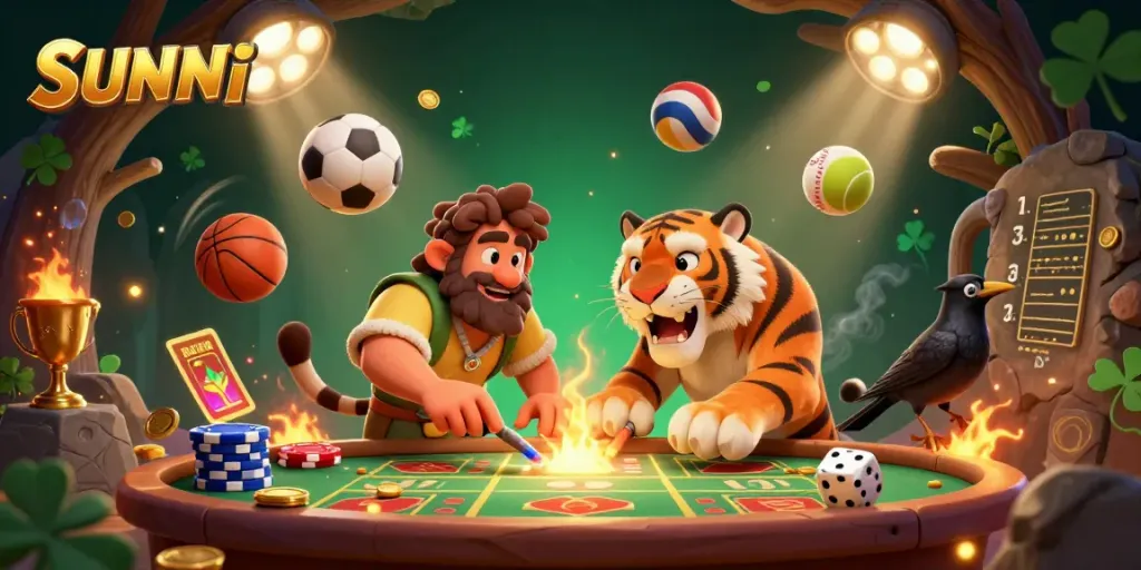SUNWIN brings a dynamic fantasy casino scene with a caveman and sabertooth tiger gambling with stone poker chips.