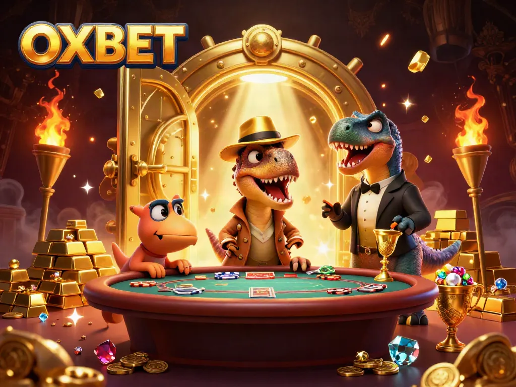 Experience OXBET with a suspenseful 3D casino scene featuring a dinosaur card counter at blackjack.
