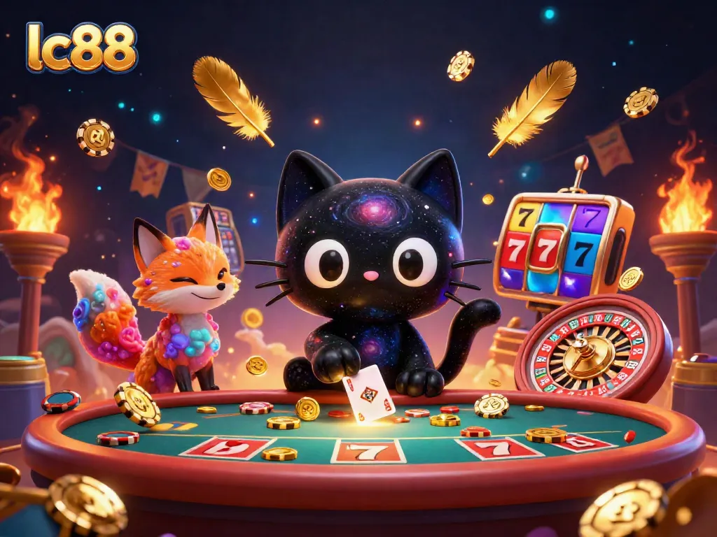 Experience gaming excitement with lc88 as a cosmic cat draws in golden chips and cards at a vibrant casino.