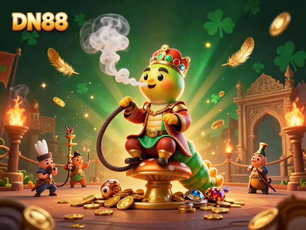 Experience the excitement of DN88 with a vibrant 3D illustration depicting a whimsical hookah-master and casino-themed elements.