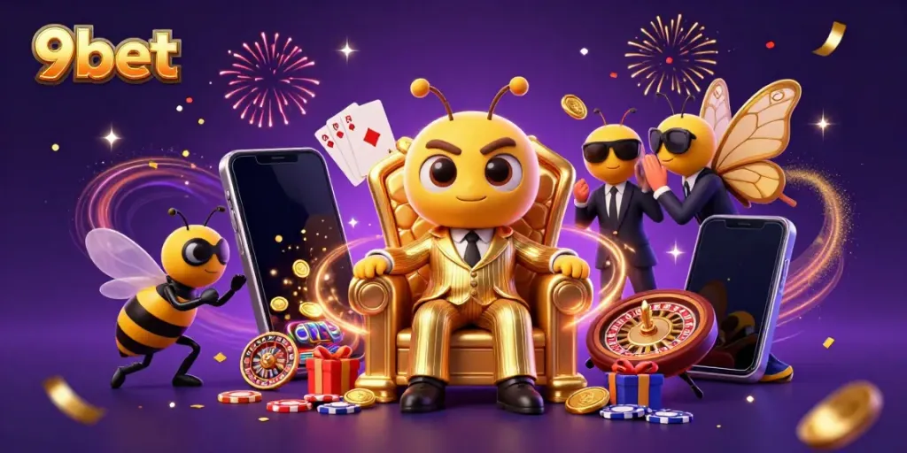 Experience the thrill of 9bet with vibrant casino games and dynamic characters in an exciting digital illustration.