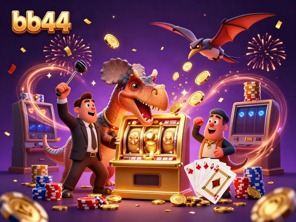A dynamic scene of bb44 featuring a pachycephalosaurus hitting a jackpot slot machine, surrounded by flying coins and casino games.