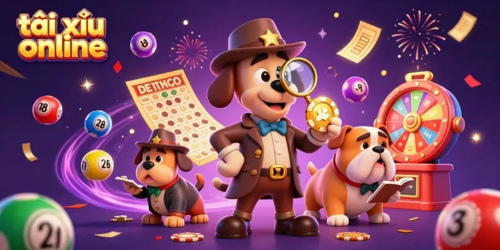 Experience the excitement of tài xỉu online with a detective and his bulldog companion revealing clues and treasures in a vibrant casino scene.