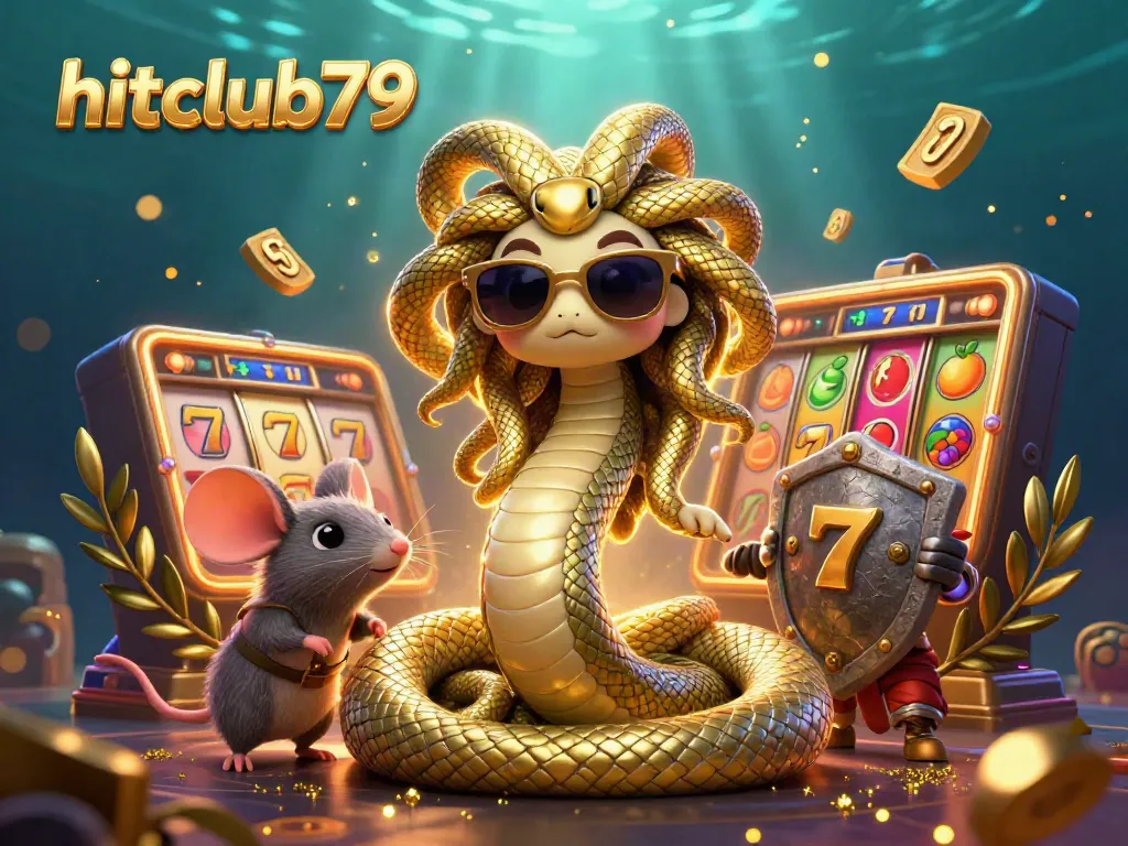 Engage with hitclub79's vibrant casino experience featuring Medusa and a warrior mouse amidst slot reels and gold.