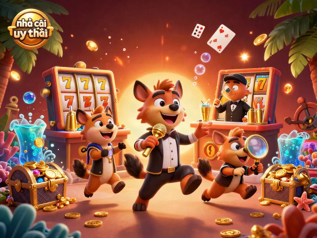 Engage with nhà cái uy tín in a vibrant casino scene filled with hyenas and exciting gaming elements.