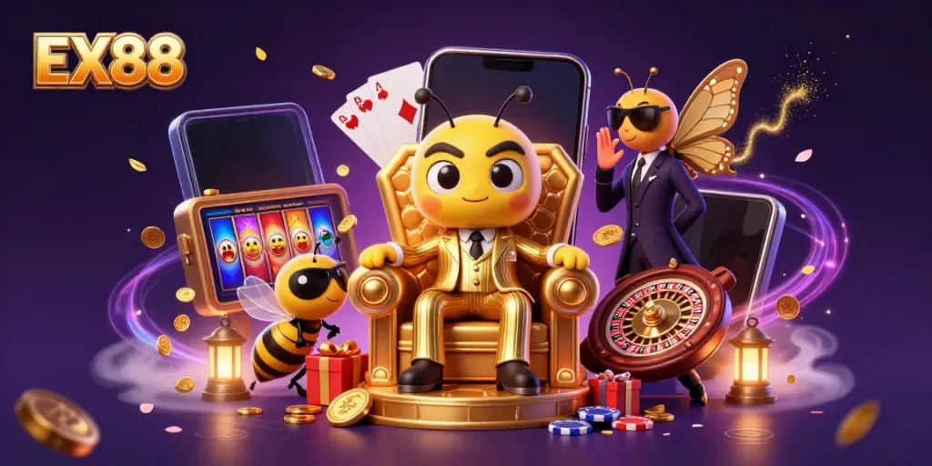 Engage with EX88's thrilling casino experience featuring a bumblebee mob boss alongside gaming elements.