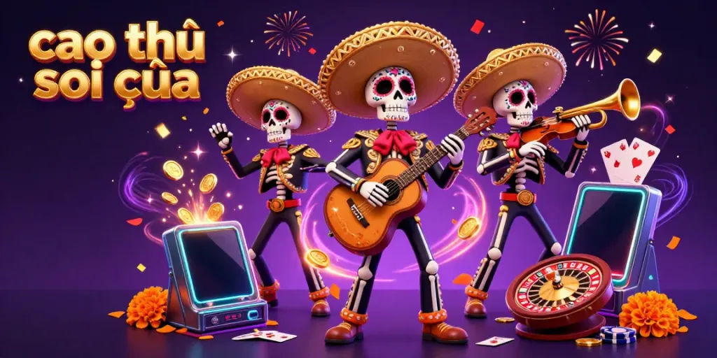Cao thủ soi cầu showcases a festive mariachi band surrounded by gambling elements like slot games and roulette.