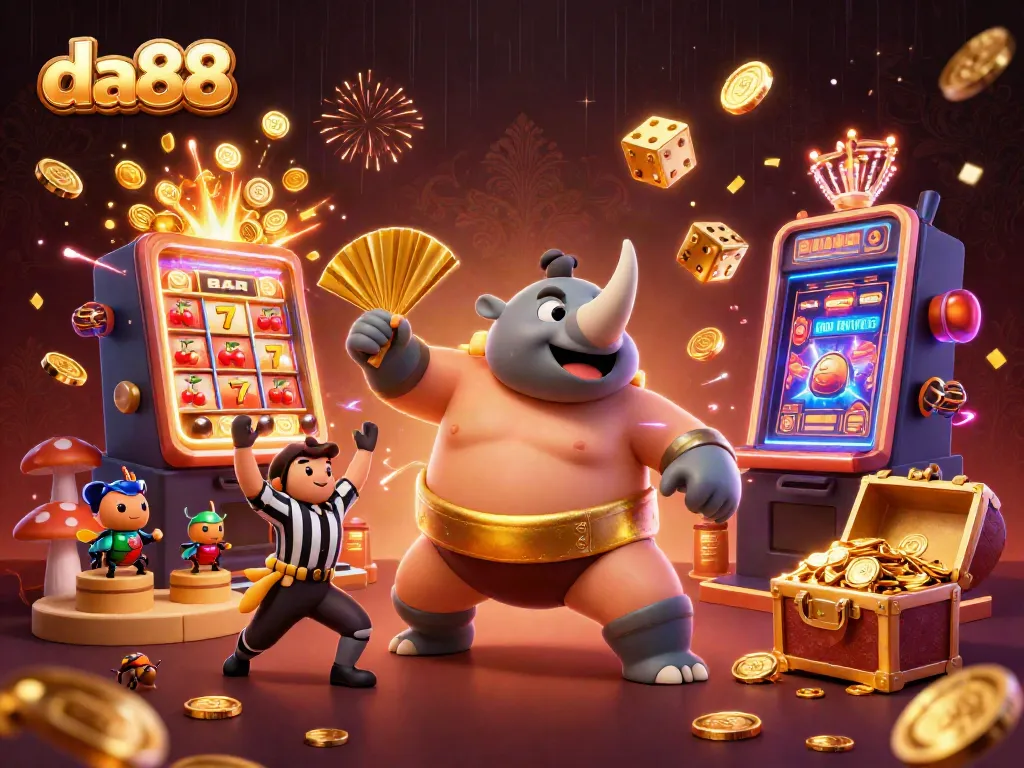 Experience da88's vibrant casino scene with a beetle sumo champion, dynamic slot machine, and festive elements flying around.